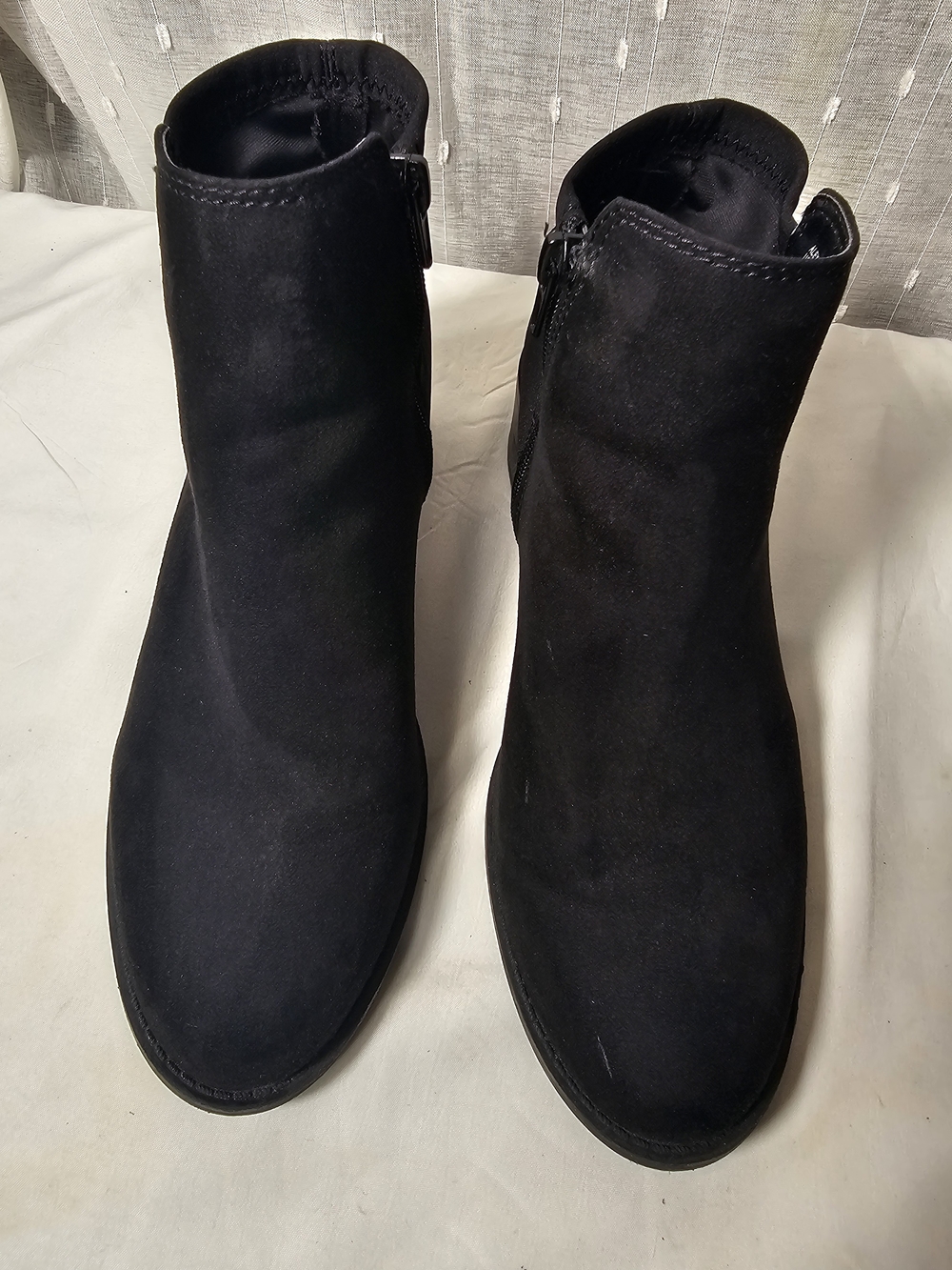Alexis Black Suede Ankle Booties with Side Zipper. Soft Upper Heel Fabric